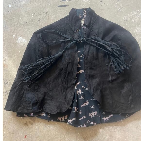 Antique Suede Cape, Childs Novelty Print Lining, Hand Stitches 1920s Or Earlier